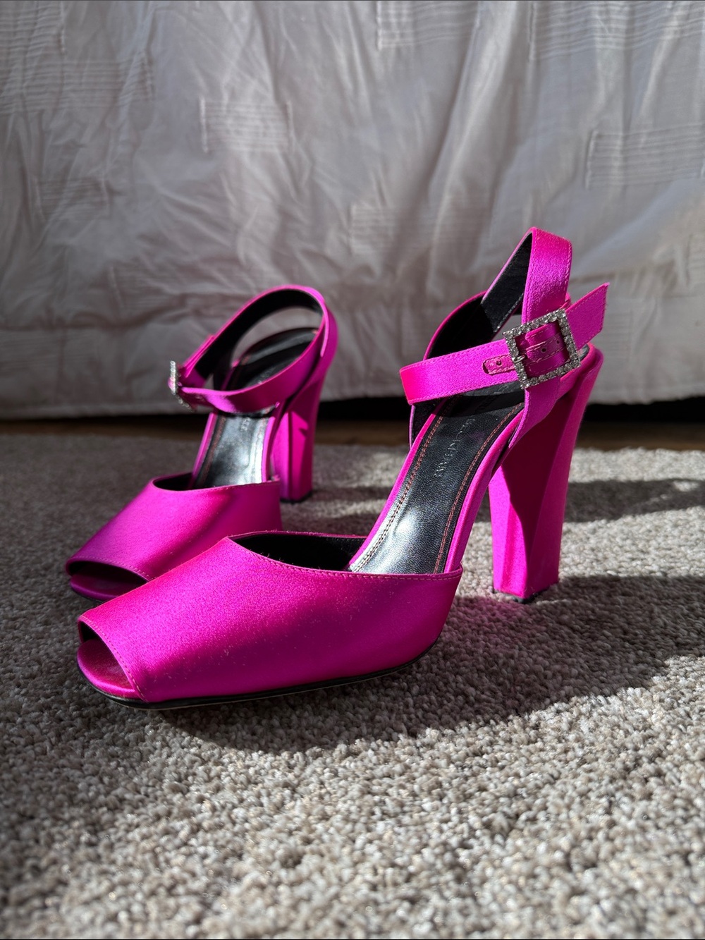 Victoria Beckham Vibrant Fuchsia Embellished Satin Sandal Ankle-Strap Heels
